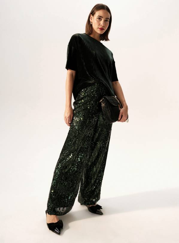 Buy Dark Green Sequin Wide Leg Trousers 10L | Trousers | Tu